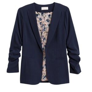 SKIES ARE BLUE Navy Open Blazer Collarless With Ruched Sleeves Size Large